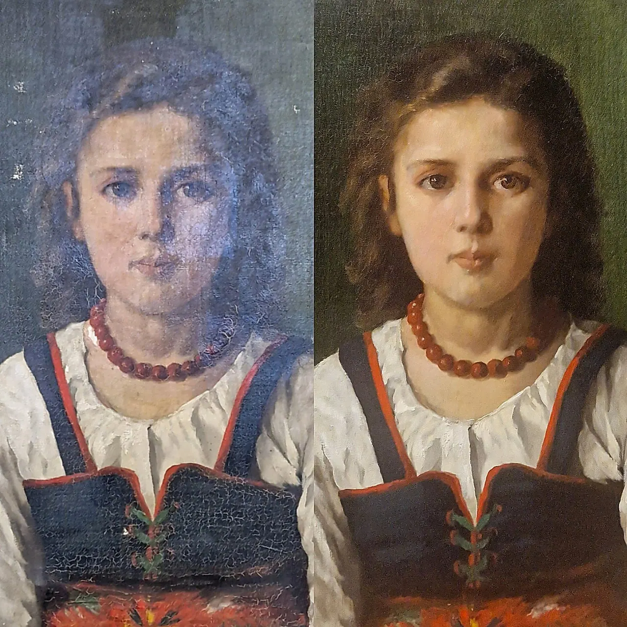 Traitement du vernis et d’un réseau de craquelures — portrait de jeune fille au collier de corail — avant et après restauration