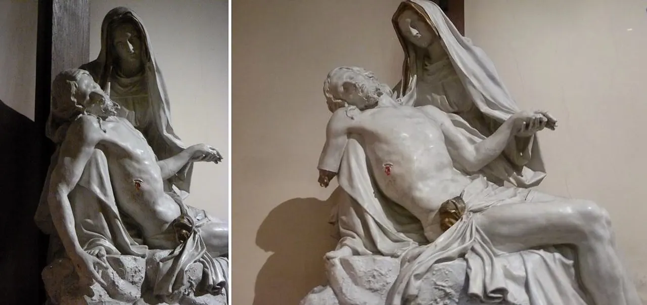 Réintégration du bras du Christ, brisé en vingt-quatre morceaux — Pietà de Michel-Ange, plâtre — avant et après restauration