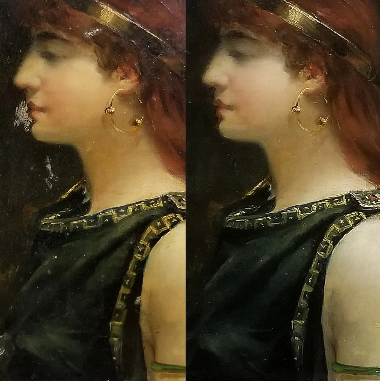 Réintégration des lacunes et retouche illusionniste — portrait de profil au grand anneau — avant et après restauration