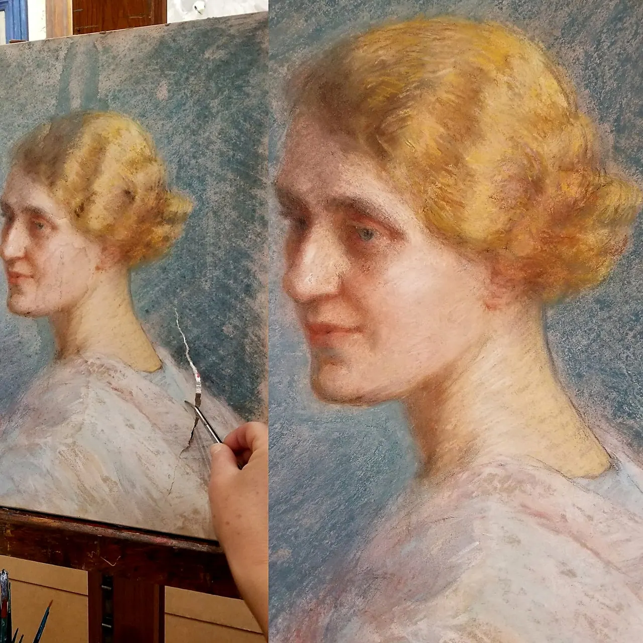 Traitement d’une déchirure sur papier, des taches et des auréoles — pastel après dégât des eaux — avant et après restauration