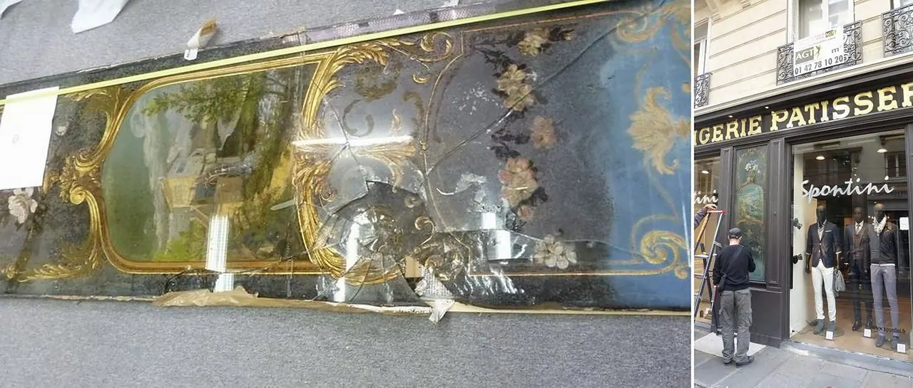 Consolidation d’un décor peint sur verre et repose sur verre neuf — devanture parisienne — avant et après restauration
