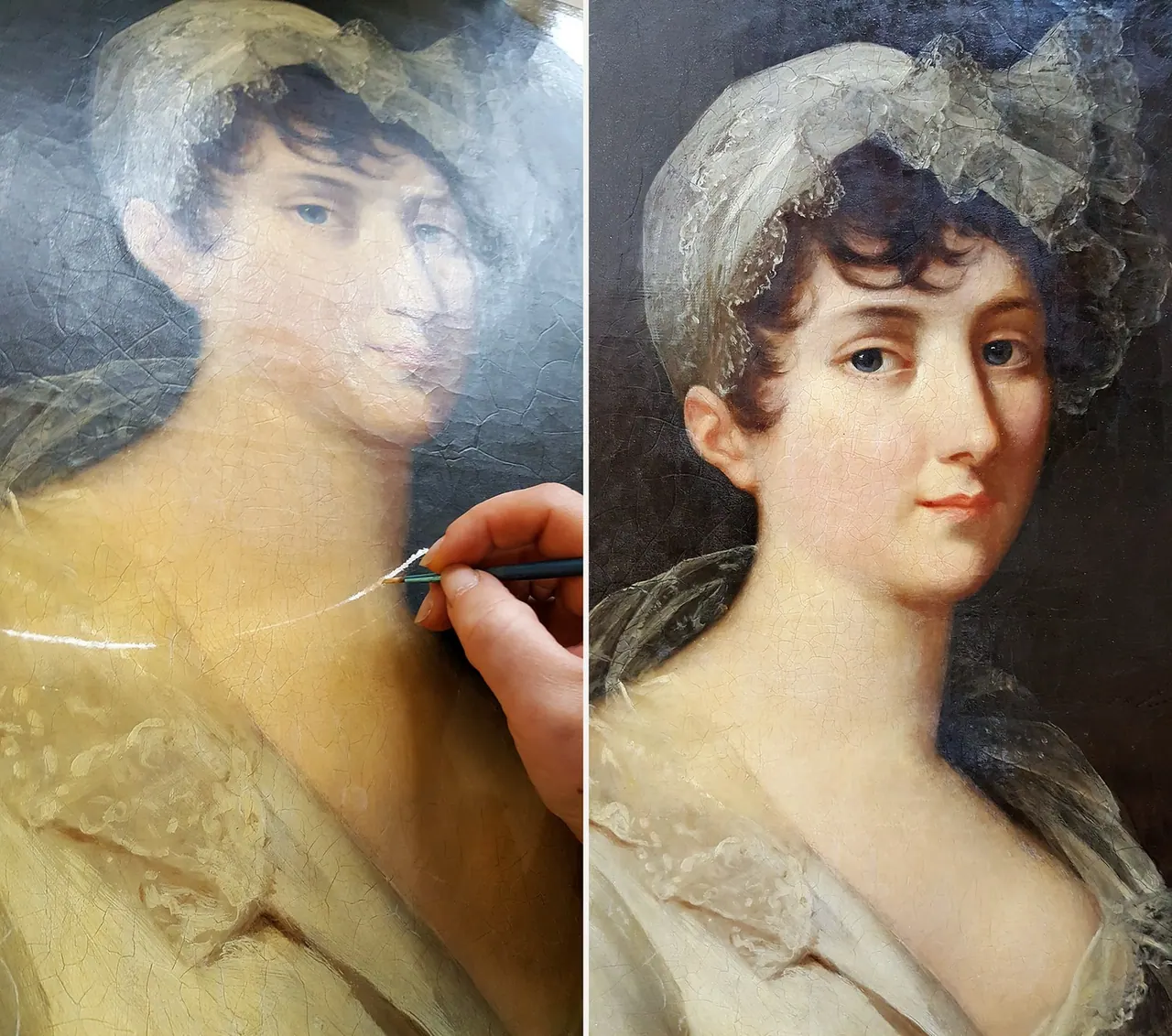 Traitement d’une griffure ayant emporté la couche picturale et la préparation — portrait du début du XIXᵉ — avant et après restauration