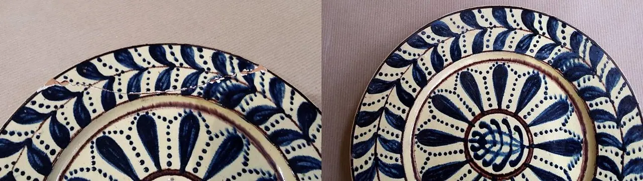 Collage et réintégration d’une faïence fracturée — assiette — avant et après restauration