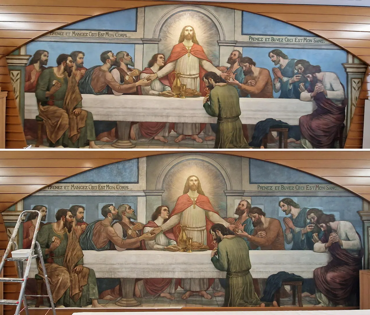 Conservation et restauration in situ d’une peinture monumentale — La Cène, chapelle Saint-Joseph — avant et après restauration
