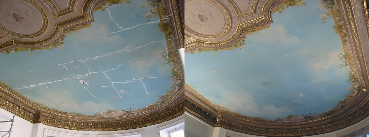 Consolidation of cracks and reintegration of color — painted ceiling — before and after treatment