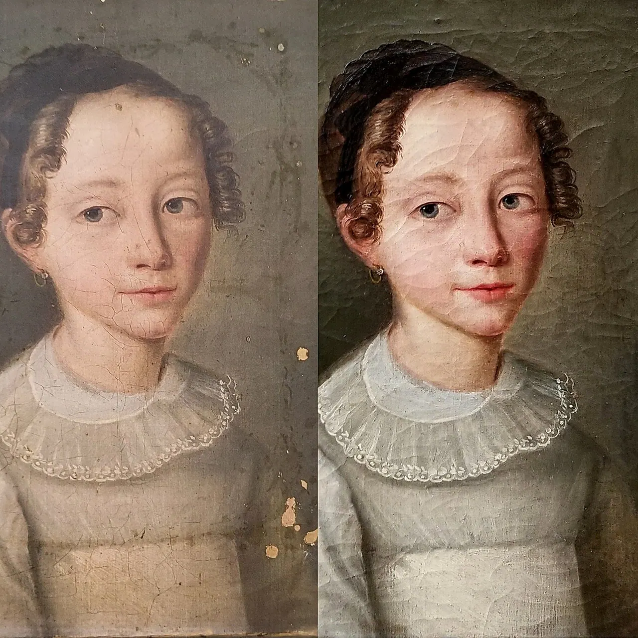 Dépose des anciennes restaurations et réintégration des couleurs — portrait de jeune fille, XVIIIᵉ — avant et après restauration