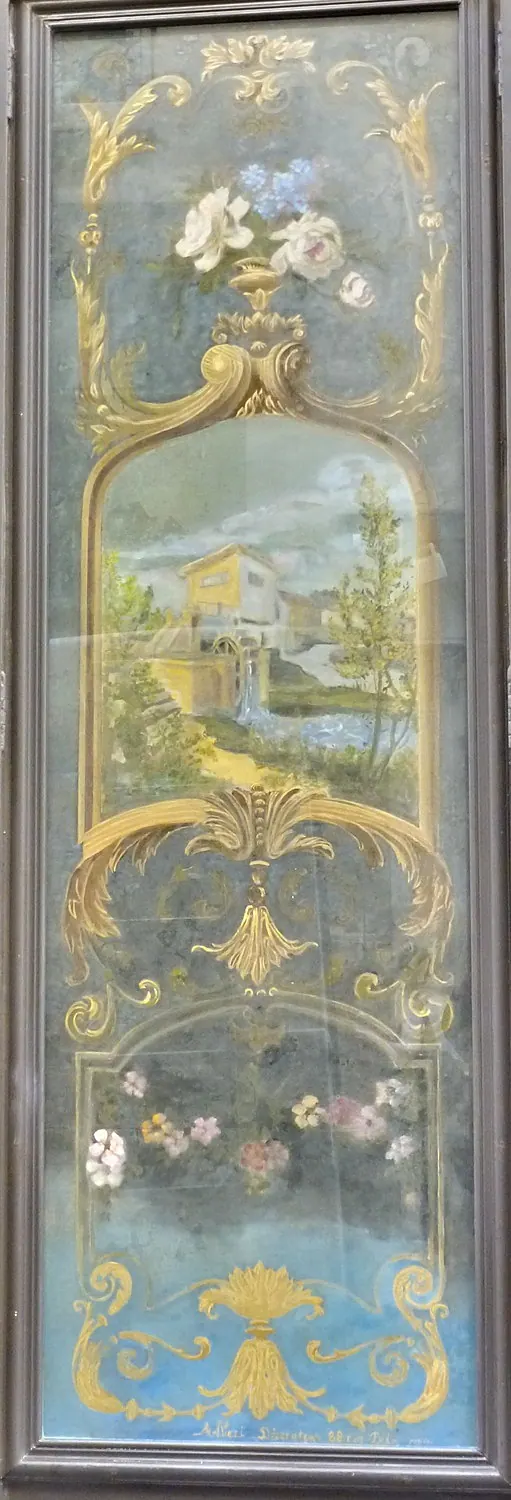 Separating a canvas glued to glass, and its reinstallation — a Paris shopfront — The restored decoration, the canvas laid on new glass