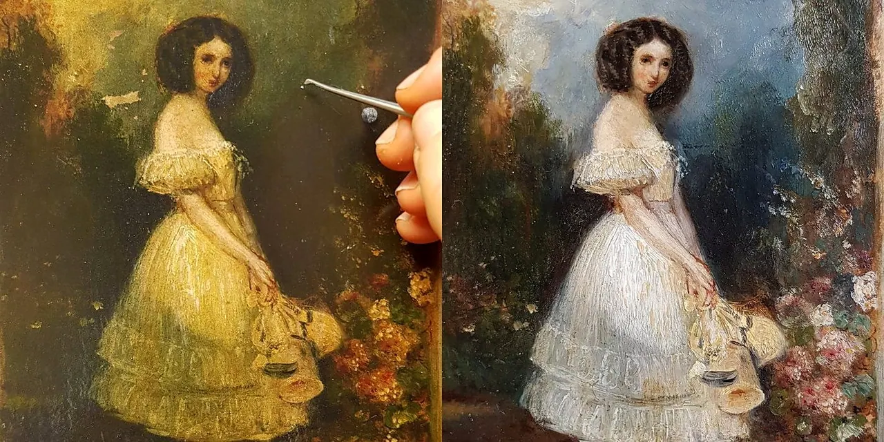 Allègement et traitement du vernis sur une toile — nettoyage et dévernissage — avant et après restauration
