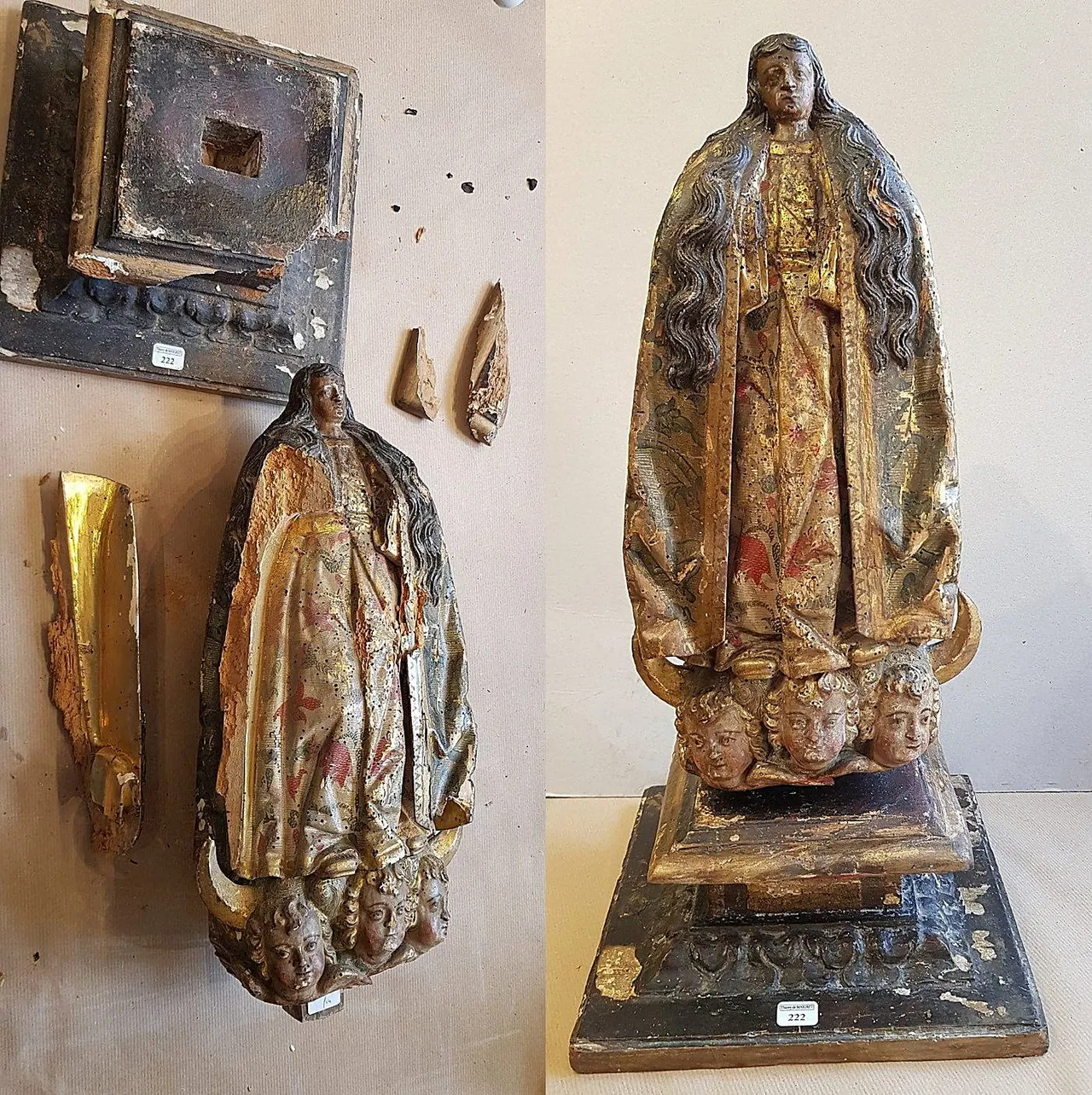 Remontage, comblement et reprise de la dorure — Vierge en bois sculpté et polychrome — avant et après restauration