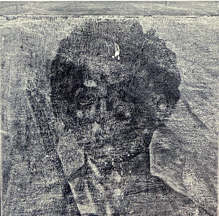 Radiographie de la tête du Saint Sébastien — panneau ancien non signé, examen aux rayons X