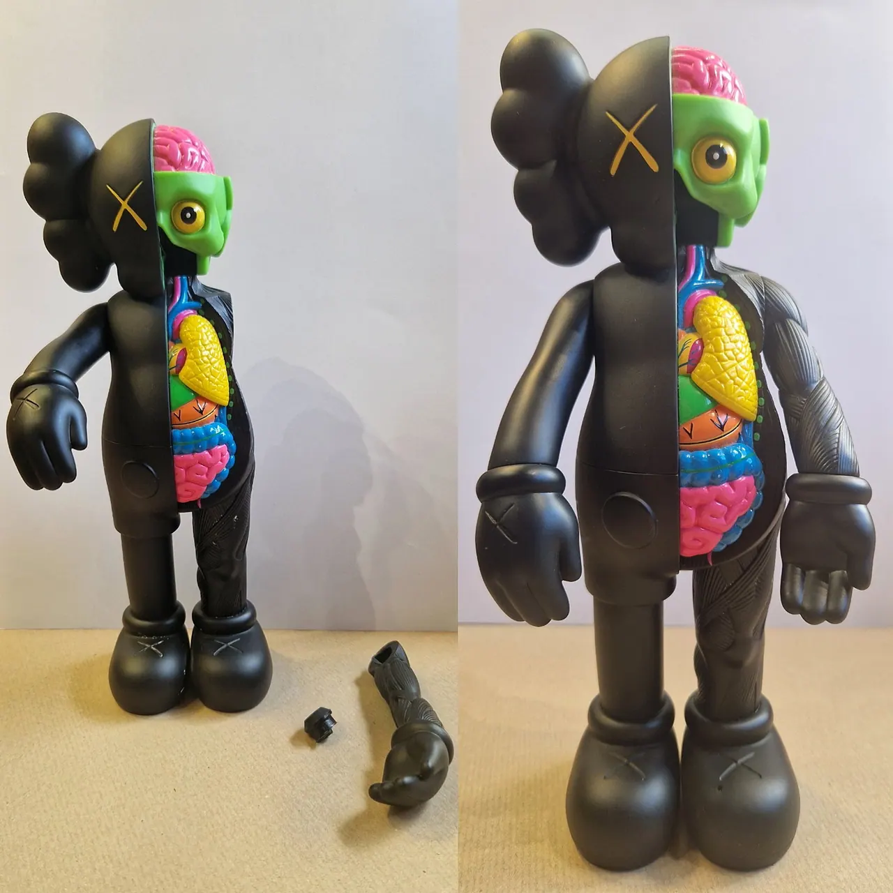 Remise en place d’un bras articulé — figurine en vinyle de KAWS — avant et après restauration